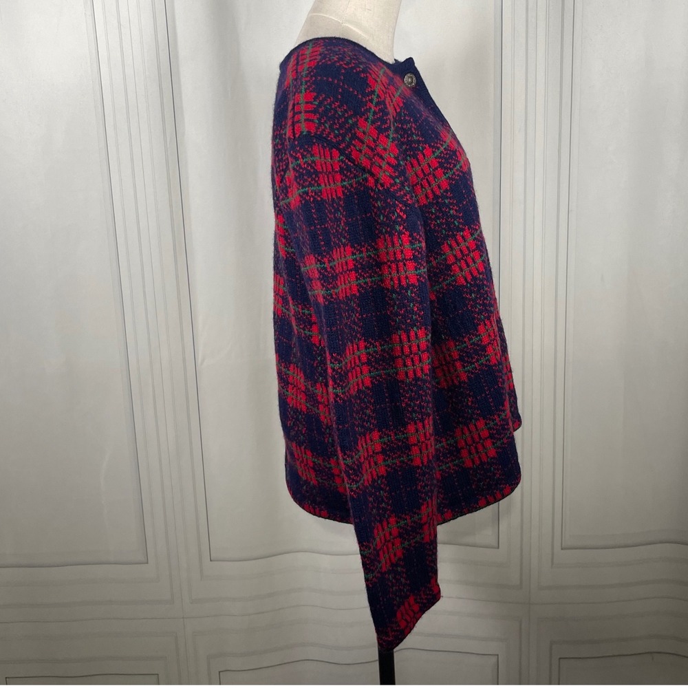 Vintage 90's Susan Bristol Wool Cardigan Sweater Plaid Knit Navy Red Green- L - Picture 6 of 16